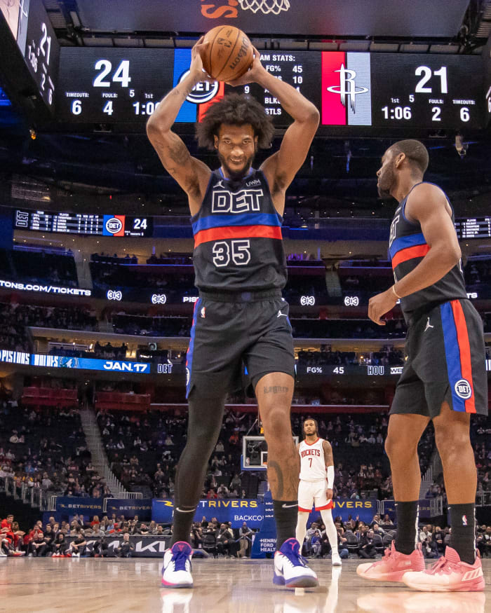 Jan 12, 2024; Detroit, Michigan, USA; Detroit Pistons forward Marvin Bagley III (35) grabs the ball after a Houston Rockets basket during the first half at Little Caesars Arena. Mandatory Credit: David Reginek-USA TODAY Sports